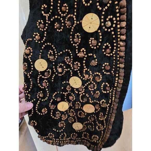 Vintage Effect Black Velvet Embroidered Vest W/Tie Back & Beaded Swirl Design - Picture 4 of 7